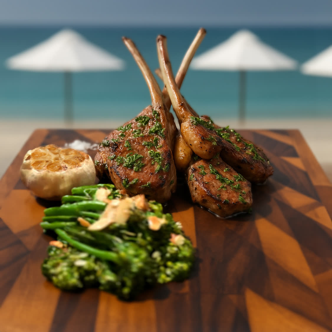 Lamb chops by the pool
